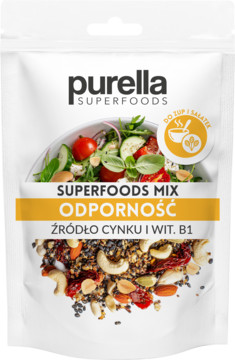 PURELLA SUPERFOODS Odporność ,mieszanka ziaren, orzechów nerkowca z suszonymi pomidorami i czosnkiem, do zup i sałatek,przód