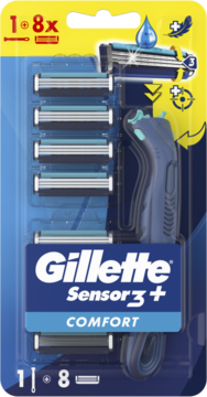GILLETTE Sensor 3+ Comfort,maszynka do golenia dla mężczyzn, 3-ostrzowa, 1 rączka + 8 wkładów,przód