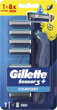 Gillette Sensor 3+ Comfort maszynka do golenia dla mężczyzn, rączka i 8 wkładów, widok z przodu opakowania.