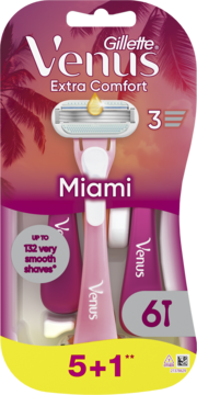 Blister z 6 różowymi maszynkami Gillette Venus Extra Comfort Miami, tło z palmami, widok z przodu.