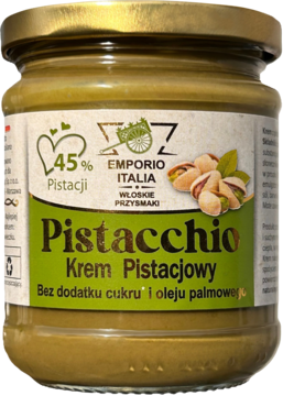 Krem pistacjowy Emporio Italia 45% pistacji w słoiku, zielona etykieta, bez cukru i oleju palmowego.