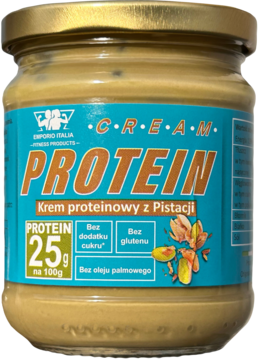 Słoik kremu proteinowego z pistacji Emporio Italia, turkusowa etykieta, złota zakrętka, 25g białka na 100g.