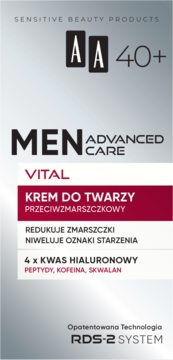 AA Men Advanced Care Vital krem przeciwzmarszczkowy 40+ z kwasem hialuronowym, szare opakowanie, widok z przodu.