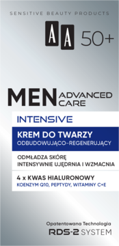 AA Men Advanced Care 50+ krem do twarzy intensywnie regenerujący z 4x kwasem hialuronowym, widok przodu.