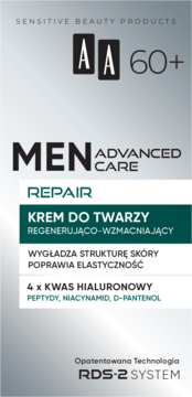 Etykieta AA Men Advanced Care krem do twarzy 60+ regenerujący, z kwasem hialuronowym. Widok przodu.