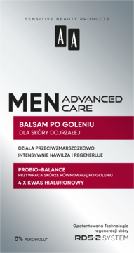 Szary balsam AA MEN Advanced Care po goleniu dla skóry dojrzałej, z Probio-balance i 4x kwasem hialuronowym.