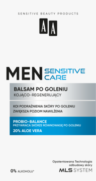 AA Men Sensitive Care balsam po goleniu, kojący, bez alkoholu, Probio-Balance, białe opakowanie, widok z przodu.