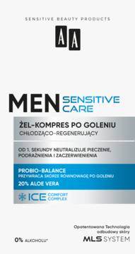 AA Men Sensitive Care żel po goleniu, chłodzący-regenerujący. Biało-niebieska etykieta, widok z przodu.