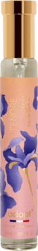 Adopt' Tendre Iris Eau de Parfum, flakon z liliowymi irysami na brzoskwiniowym tle, złota zakrętka, przód.