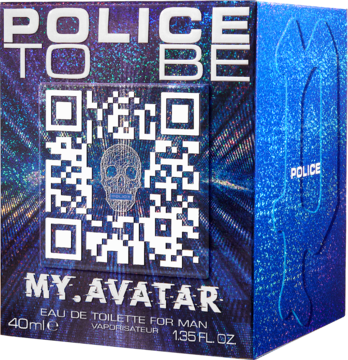 Police To Be My.Avatar woda toaletowa męska. Opakowanie z kodem QR, cyfrowym wzorem i czaszką, widok przodu i boku.