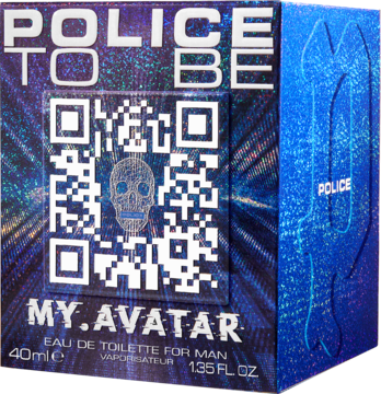 Police To Be My.Avatar woda toaletowa męska. Opakowanie z kodem QR, cyfrowym wzorem i czaszką, widok przodu i boku.