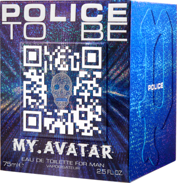 Męska woda toaletowa Police To Be My.Avatar 75ml w niebieskim kartonie z kodem QR i czaszką, widok z przodu.