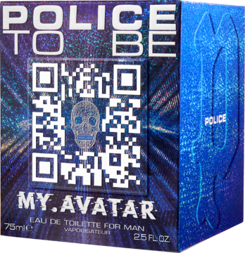 Męska woda toaletowa Police To Be My.Avatar 75ml w niebieskim kartonie z kodem QR i czaszką, widok z przodu.