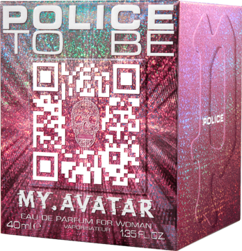 Police To Be My.Avatar damska woda perfumowana w brokatowym pudełku z QR kodem i czaszką, widok z przodu.