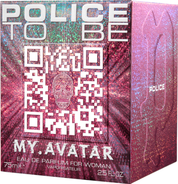 Damska woda perfumowana Police To Be My.Avatar, różowo-holograficzne pudełko z QR kodem i czaszką, widok z przodu.