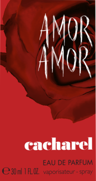 Cacharel Amor Amor Eau de Parfum 30ml, czerwona etykieta z dużą różą i białym tekstem, widok z przodu.