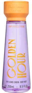 Pepe Jeans London Golden Hour Body Mist Portobello Road, 250ml, fioletowa butelka, pomarańczowa nakrętka, widok z przodu.