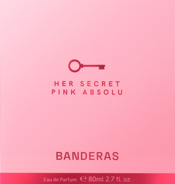 Różowe pudełko perfum Banderas Her Secret Pink Absolu 80ml, widok z przodu z symbolem klucza.