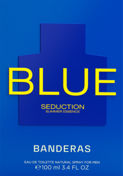 Męska woda toaletowa Banderas Blue Seduction, niebieska butelka z żółtym napisem BLUE, widok z przodu.
