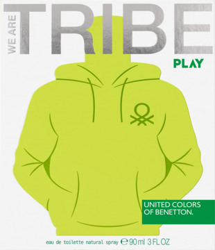 We Are Tribe Play Benetton, męska woda toaletowa, opakowanie z limonkową bluzą i srebrnym napisem, 90 ml.