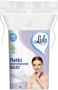 Widok z przodu: Lula Płatki kosmetyczne MAXI, 60 sztuk. Białe opakowanie z liliowym tłem, wizerunkiem kobiety, 100% bawełny.