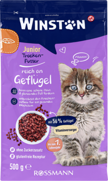 Winston Junior sucha karma dla kociąt z drobiem, 500g, fioletowe opakowanie z wizerunkiem kotka.