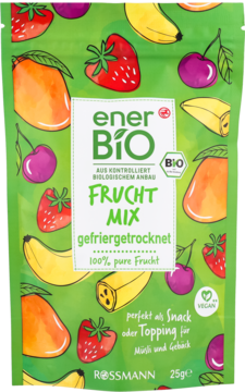 Zielony worek enerBIO Frucht Mix, liofilizowane owoce, z ilustracjami truskawek, mango, bananów i wiśni, widok z przodu.