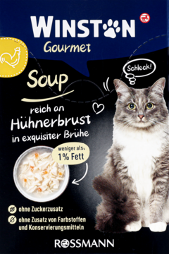 Zupka Winston Gourmet Soup Rossmann dla kota: pierś kurczaka w bulionie, <1% tłuszczu. Ciemne opakowanie, widok z przodu.