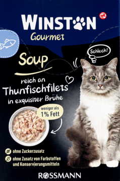Winston Gourmet Soup, zupa dla kota z filetami z tuńczyka w bulionie, poniżej 1% tłuszczu, bez cukru, opakowanie z kotem.