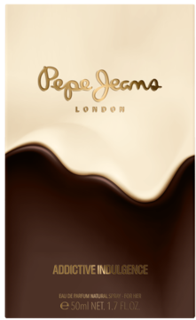 Opakowanie perfum Pepe Jeans London Addictive Indulgence, wzór topiącej się czekolady, złote logo.