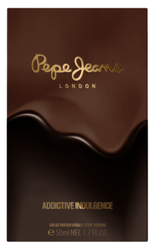 Front opakowania Pepe Jeans London Addictive Indulgence woda perfumowana dla mężczyzn, 50ml. Głęboki brąz z czekoladową falą, złoty tekst.