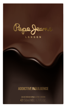 Front opakowania Pepe Jeans London Addictive Indulgence woda perfumowana dla mężczyzn, 50ml. Głęboki brąz z czekoladową falą, złoty tekst.
