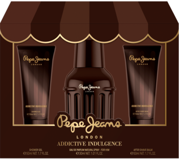 Zestaw zapachowy Pepe Jeans London Addictive Indulgence dla mężczyzn, ciemnobrązowe opakowanie z flakonem i dwoma tubkami.