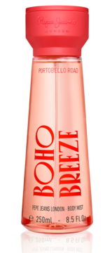 Pepe Jeans Boho Breeze Body Mist 250ml, różowa butelka z koralowym napisem, widok z przodu.