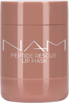 NAM Peptide Rescue Lip Mask w różowym, matowym słoiczku, widok z przodu. Peptydowa maska regenerująca, przeciwzmarszczkowa.