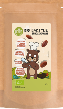 Helpa bio daktyle sproszkowane w proszku, brązowa torebka z bobrem-kucharzem, idealne do ciast i deserów.