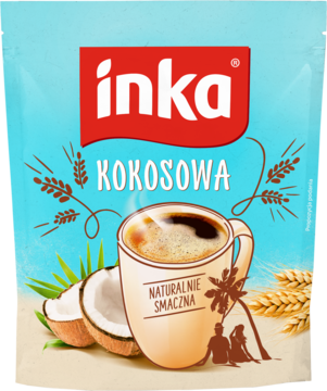 Inka Kokosowa kawa zbożowa, niebieskie opakowanie z rysunkiem kubka, kokosa i zboża na plaży.