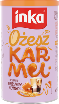 Fioletowa puszka Inka Ożesz Karmel, kawa zbożowa o smaku orzeszków ziemnych, pomarańczowe napisy, widok z przodu.