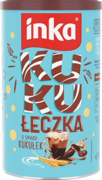 Inka Kukułeczka, kawa zbożowa o smaku cukierków kukułek. Jasnoniebieska puszka z przodu, brązowy napis.