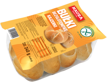 Naura bułki bezglutenowe kajzerki 240g, 4 sztuki w przezroczystym opakowaniu z pomarańczową etykietą, widok z góry.