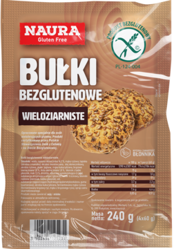 Naura Bułki Bezglutenowe Wieloziarniste 240g w opakowaniu z nasionami i logiem bezglutenowym, widok z przodu.