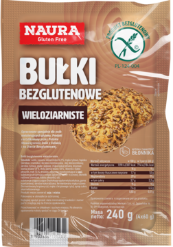 Naura Bułki Bezglutenowe Wieloziarniste 240g w opakowaniu z nasionami i logiem bezglutenowym, widok z przodu.