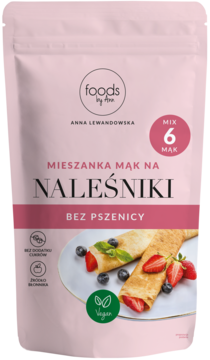 Foods by Ann mix 6 mąk na naleśniki bez pszenicy. Różowe opakowanie z grafiką naleśników i owoców.