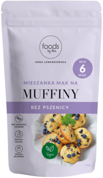 Biała saszetka Foods by Ann Mieszanka Mąk na Muffiny Bez Pszenicy, z obrazkiem muffinek i logo Vegan, front.