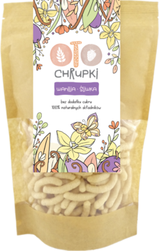 Oto Chrupki wanilia-śliwka, naturalne, w brązowej torebce z etykietą w pastelowe kwiaty i motyla, front.