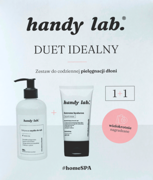 Zestaw Handy lab. Duet Idealny: białe mydło do rąk z pompką i krem z hialuronem SPF 30 w tubce, widok z przodu.