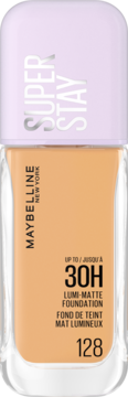 Długotrwały podkład Maybelline Super Stay Lumi-Matte 128, beżowy płyn w szklanej butelce z fioletową nakrętką, widok z przodu.