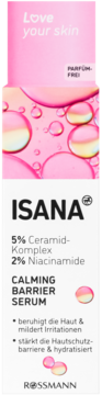 ISANA Calming Barrier Serum, 5% Ceramid i 2% Niacinamide, bez zapachu. Biała butelka, różowe tło Love Your Skin.