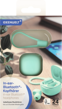 Mint green Ideenwelt in-ear Bluetooth headphones with charging case and accessories, shown on retail packaging.