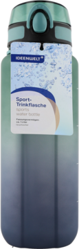 Sportowa butelka na wodę IDEENWELT, gradient od turkusu do granatu, 1.1 litra, z etykietą i nakrętką z przyciskiem.
